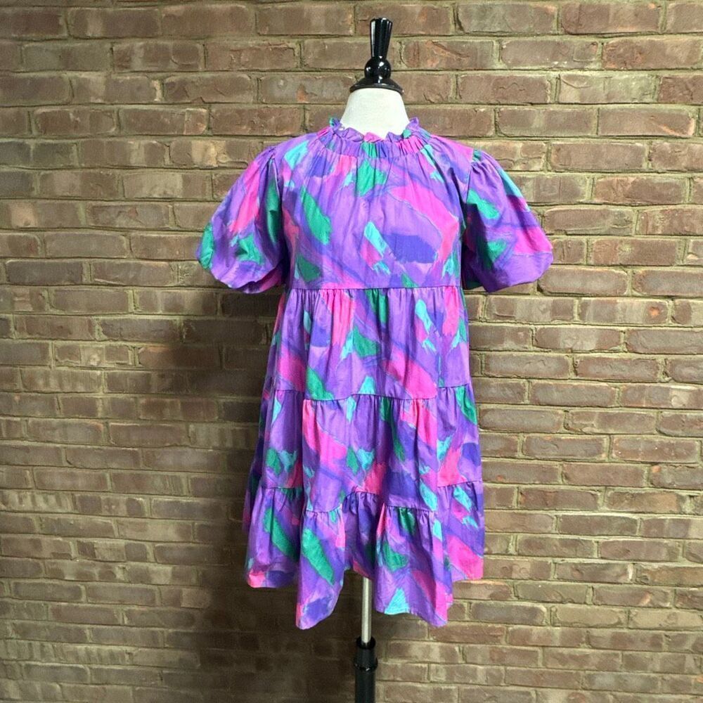 Peach Love Women’s Purple Multi Puff Sleeve Tiered Dress Sz S NEW